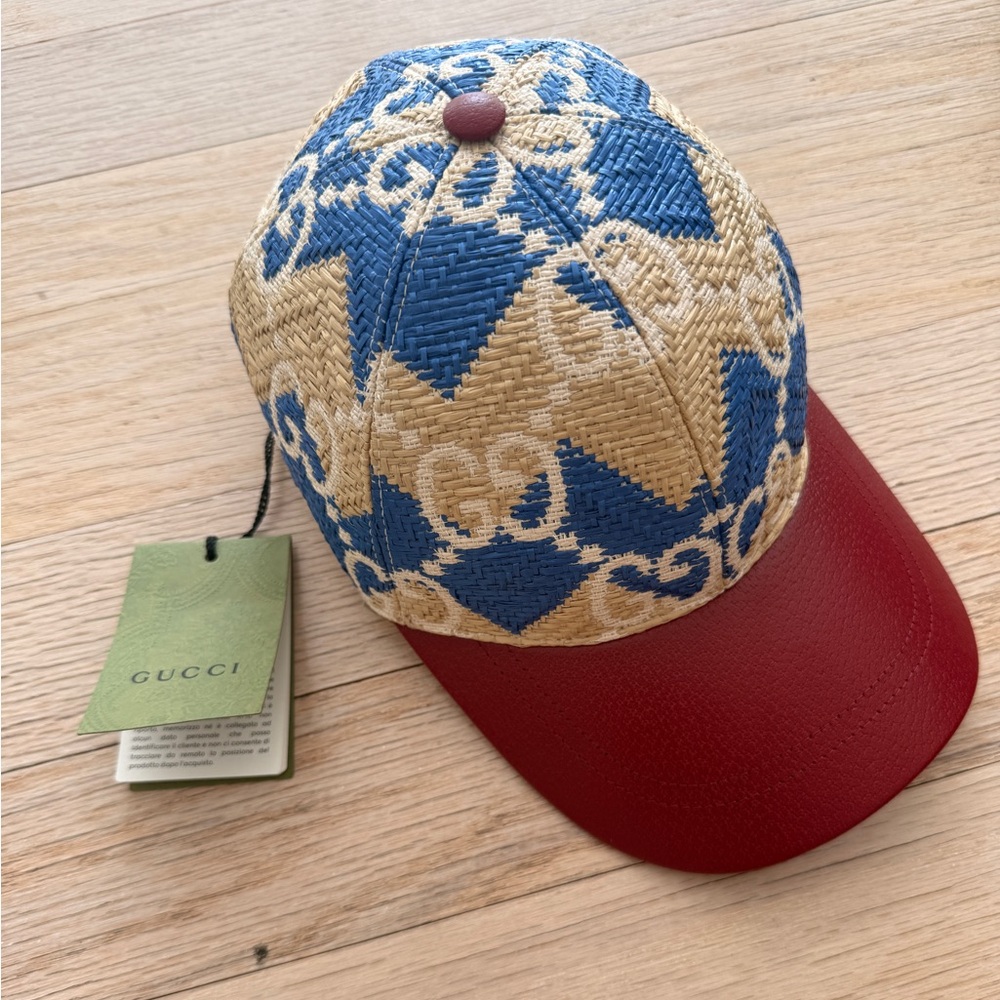 NWT Authentic Gucci Blue and Red Straw & Leather Baseball Cap